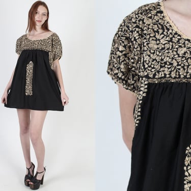 Gold Embroidered Oaxacan Top / Plus Size Black Mexican Tunic / San Antonio Floral Puebla Blouse XL 