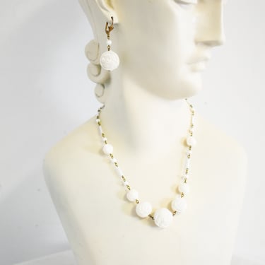 Vintage Cream Molded Glass Rose Necklace and Dangle Pierced Earrings 