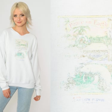 Peace on Earth Sweatshirt 90s Manatee Beach Christmas Sweater Winter Holiday Graphic Shirt Cutoff Neckline Vintage 1990s White Medium 