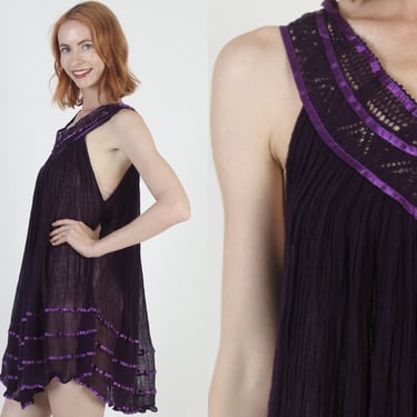 Purple Mexican Gauze Mini Dress Lightweight Thin Crochet Trim Vintage Sheer Womens Tank Sundress 