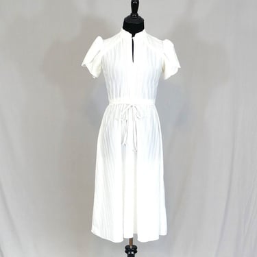 70s White Dress - Stripes Woven In - White Lace Trim - Vintage 1970s - S 