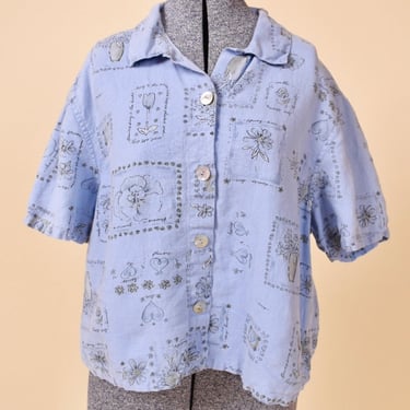 Blue Flower & Heart Print Crop Button Up Blouse By Uniform John Paul Richard, M