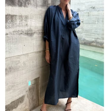 Blue Silk Metallic Pinstripe Caftan