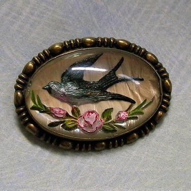 Victorian Reverse Painted Goofus Glass Bird Brooch Pin; Goofus Glass Bird Pin, Mercury Glass Pin (#4138) 