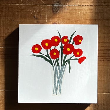 Red Flowers in Morning Light – 6x6 Modern Floral Painting on Wood