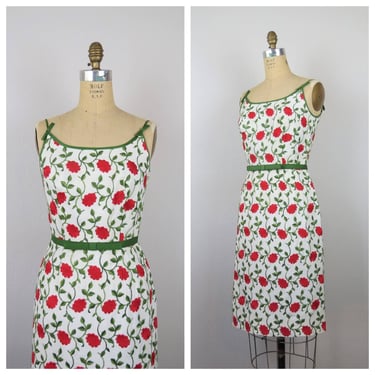 Vintage 1960s floral embroidered dress, wiggle, linen, cotton, sundress 