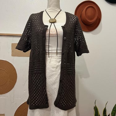 Chocolate Brown Soft Cotton Knit Button Front Short Sleeve Kimono Top 