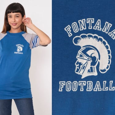 80s Ringer Tee Shirt Fontana Football T Shirt Blue Grey Retro Tee Raglan Sleeve Striped TShirt Sports Vintage Velva Sheen Small Medium 