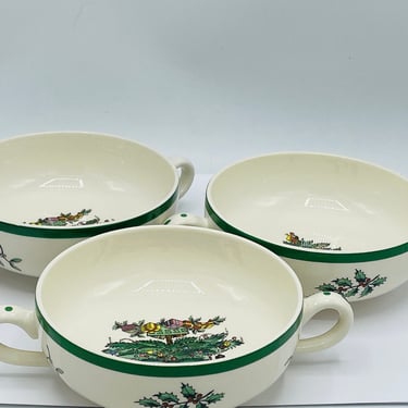 Set of 3 RARE Spode Christmas Tree 4-3/4" 6 oz. Cream Soup Bowls w/ handles in Excellent Condition Made in England 