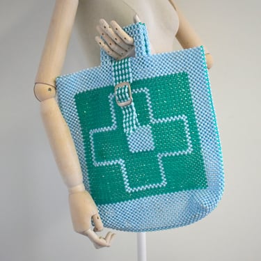 1960s/70s Green and Aqua Cross Pattern Beaded Handbag 