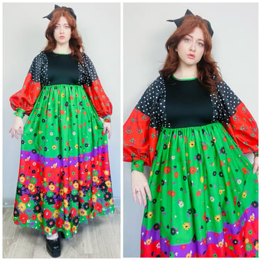 1970s Vintage Youth Guild Rainbow Balloon Sleeve Maxi Dress / 70s Psychedelic Flower Power Poly Knit Gown / Size Small 