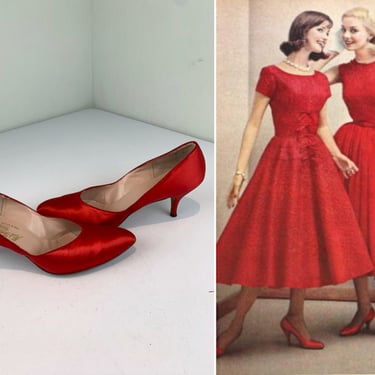 Fireworks At Her Feet - Vintage 1950s Lipstick Red Satin Stiletto Heels Pumps - 8 
