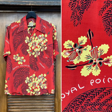 Vintage 1940’s Red Floral Rayon Tropical Hawaiian Shirt, 40’s Loop Collar Shirt, Vintage Clothing 