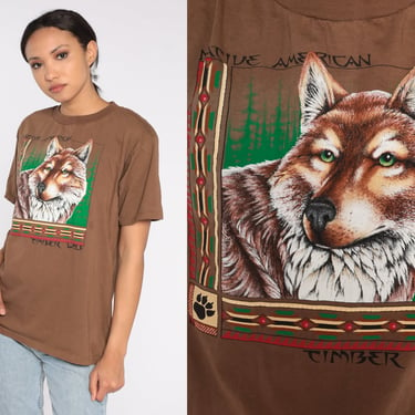 Timber Wolf Shirt 90s Native American T-Shirt Wildlife Animal TShirt Retro Paw Print Forest Graphic Tee Nature Vintage 1990s Brown Medium 