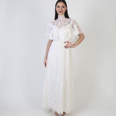 White Lace Victorian Dress, Long Bridal Gown, Tiered Ruffle Full Skirt, Cottagecore Prairie Maxi 