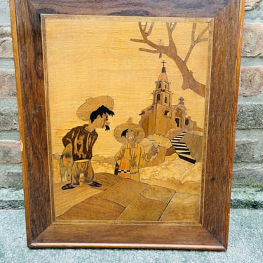 Vintage Wood Inlay Marquetry Art Two Men in Old Village MidCentury by LeChalet