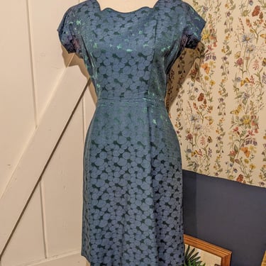 Custom 1950s Vintage Green and Blue Floral Dress and Cropped Jacket 