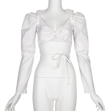Vivienne Westwood Vintage SS 1999 White Floral Jacquard Puffy Mutton Sleeve Cropped Wrap Top