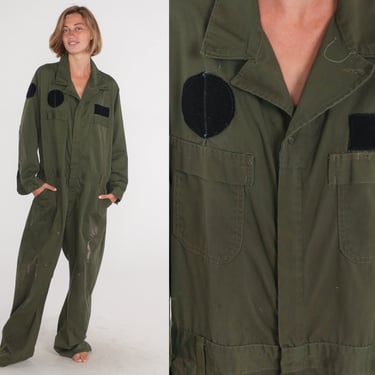 Army Coveralls 90s Green Military Jumpsuit Flight Suit Boilersuit Long Sleeve Boiler Suit Workwear Vintage 1990s Mens Extra Large xl 46r 