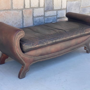 Rolled Arm Leather Upholstered Bench with Crocodile Embossed Down Filled Cushion and Brass Nailhead Trim 