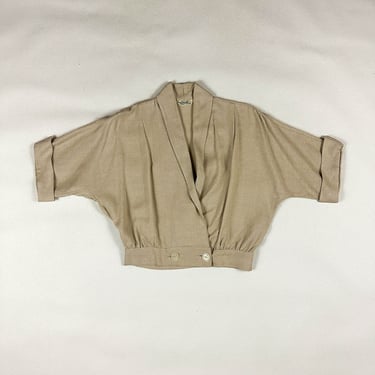 1940s Beige Cropped Blouse with Tie Front by Glentex / Tan / Sand / Separates / Loungewear / 40s / 30s / Shrug / Bolero / Top / 