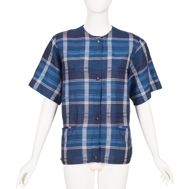 Anne-Marie Beretta 1980s Vintage Blue Plaid Linen Short Sleeve Top Sz S M 