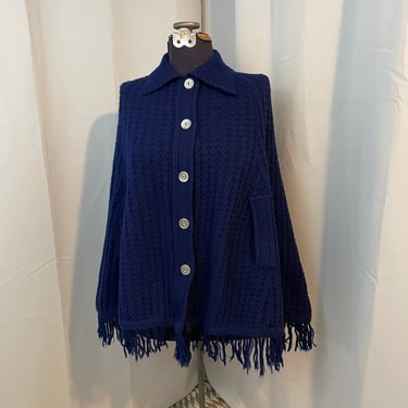 1960s Vintage Navy Blue Fringe Poncho sweater coat acrylic OSFM 
