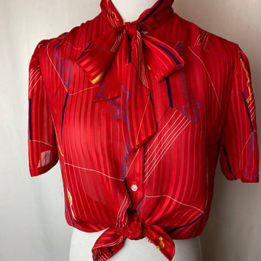 80’s bright colorful blouse sheer new wave abstract print Pussycat bow sexy secretary size Medium 