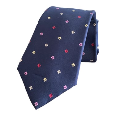 Vtg Yves Saint Laurent navy blue silk tie. Classic 3/25" repp necktie w/ geometric pastel polka dots. Designer neckwear for spring & summer 