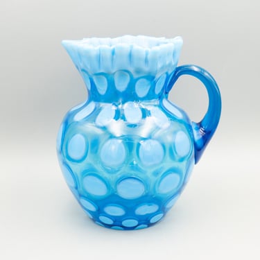 Antique Fenton Dot Optic Blue Opalescent Pitcher | Coin Spot Victorian Era Glass (c. 1907 - 1912) 