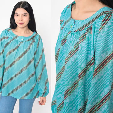 Blue Striped Blouse 70s Top Long Raglan Balloon Sleeve Shirt Retro Seventies Disco Button Up Groovy Diagonal Stripe Vintage 1970s Medium M 