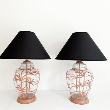 Midcentury Terracotta Palm Tree Lamps & Shades - a Pair 