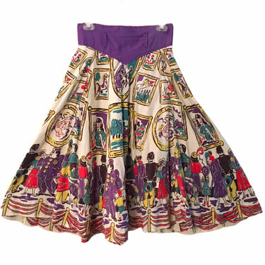Vintage 1950s Art Museum Circle Skirt 50s Border Novelty Print Panel skirt 