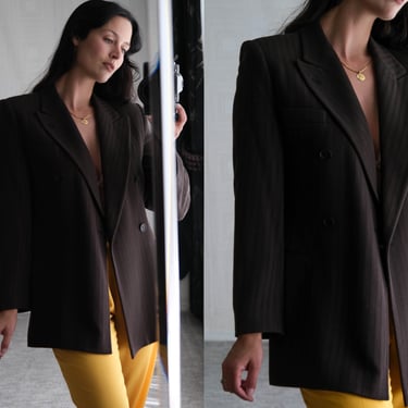 Vintage 80s Giorgio Armani Dark Brown Herringbone Stripe Double Breasted Power Blazer | Made in Italy | 1980s Designer Armani Womens Jacket 