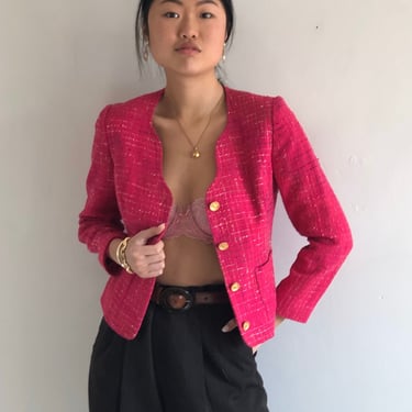 90s boucle tweed blazer / vintage fuchsia hot pink cropped tweed all season sweetheart gold button blazer | Small 