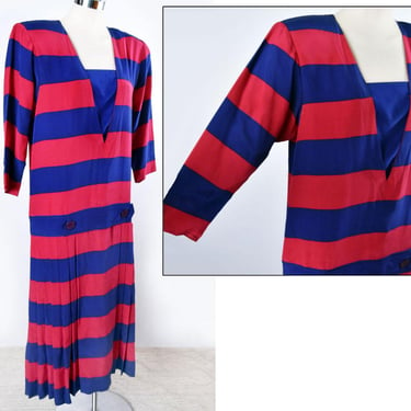 80's Red & Blue 100% SILK Striped Dress 1920's Flapper style Vintage Dress, sz Medium, Pleated skirt, Dropped Waist Dress Bold Rugby Stripes 