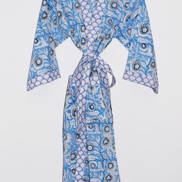Hand Block Print Kimono Robe, Cotton Bathrobe, Lightweight Cotton Robe, Cotton Dressing Gown, Wood Block Printed, Blue Floral Kimono Robe 