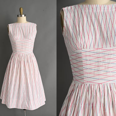 vintage 1950s Dress | Unique Pink & Blue Harlequin Print Cotton Dress | Small 