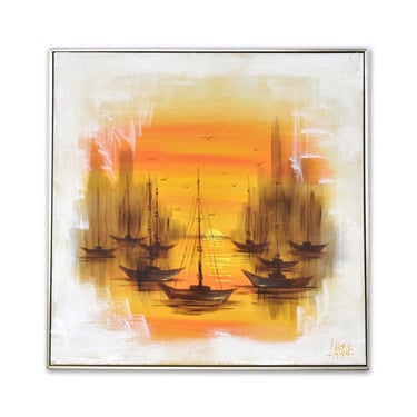 J.Keane Mid-Century Modern Orange and Yellow Sailboat Sunset Painting 