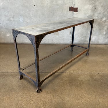 Industrial Table Metal Base With Slate Top On Wheels