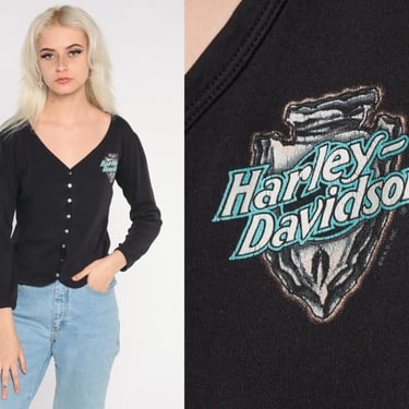 Harley Davidson Shirt 90s Lancaster California Button Up T-Shirt Motorcycle Shirt Black Biker Graphic Tee Vintage 1990s Long Sleeve Medium M 
