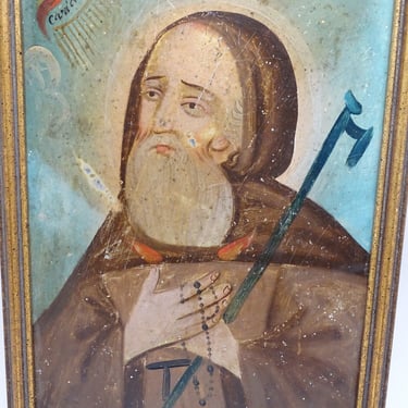 1800's Saint Francis of Paola Retablo,  Antique Framed Oil on Tin, Santo de Caridad, San Francisco with Rosary 