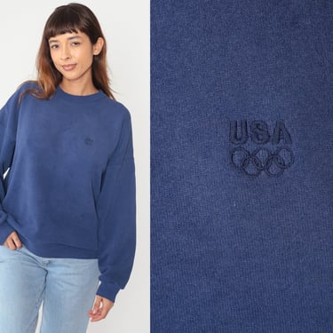 USA Sweatshirt 90s Blue Crewneck Sweatshirt Embroidered Logo Pullover Sweater Plain Long Sleeve Shirt Plain Distressed Vintage 1990s 2xl xxl 