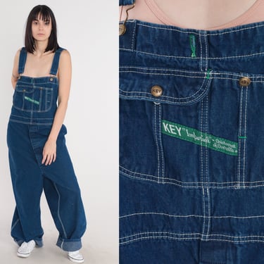 Key Overalls 90s Blue Jean Overall Pants Dark Wash Denim Dungarees Imperial Wide Leg Coveralls Button Fly Vintage 1990s Mens 3xl 3x 56 x 30 