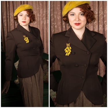 1940s Jacket - Fantastic Chocolate Brown Gabardine Late 40s Suit Jacket with Triagular Double Breast Closure 