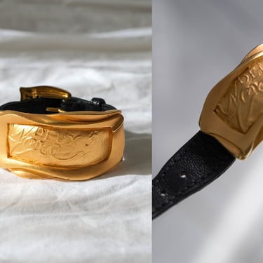 Vintage 80s Donna Karan Chunky Matte Gold Foil Cuff w/ Black Leather Buckle Strap | NUMBERED | 100% Genuine Leather | 1980s Designer Cuff 