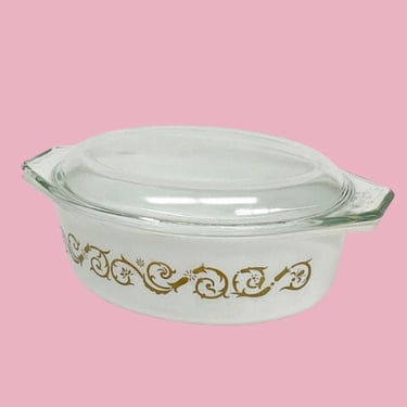 Vintage Pyrex Casserole Retro 1960s Empire Scroll #43 + 1.5 Quart + White and Gold + Ceramic + Oval Shape + Clear Glass Lid + Cookware 