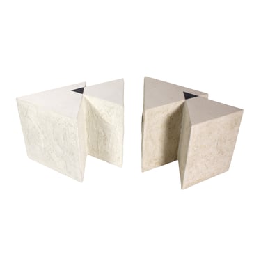 Pair of Vintage Postmodern Marble Intersecting Triangle End Tables