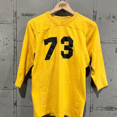 M 70s Russell football Shirt tshirt All Cotton Yellow tshirt 3/4 sleeve athletic number 73 tee 