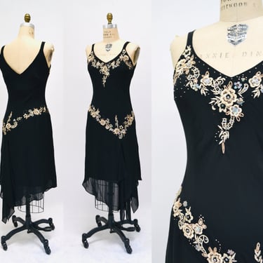 Vintage 90s 00s Y2K Bias Cut Black Dress Size Medium Black Beaded Floral Dress Bias Cut Black Dress with Beaded Flowers and Handkerchief Hem 